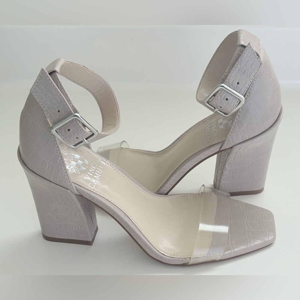 Vince Camuto Elegant Gray Block Clear Toe Heel Sandals in size 6.5